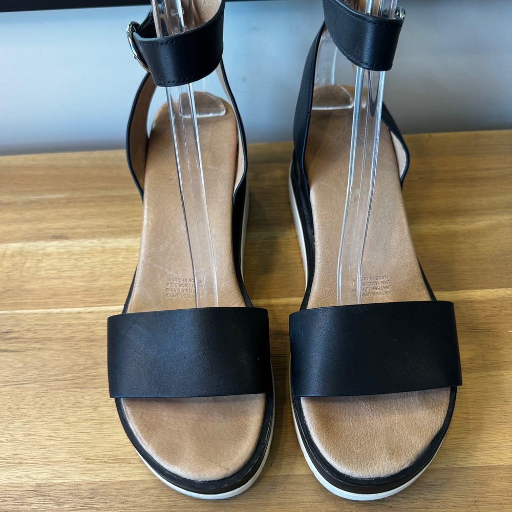 Jo Mercer Women 11 EU 42 Black Leather Wedge Heel Sandals Ankle Strap White Sole - Picture 8 of 16